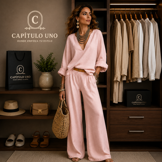 Daisy - Conjunto de mezcla lino de Camisa y Pantalón ancho