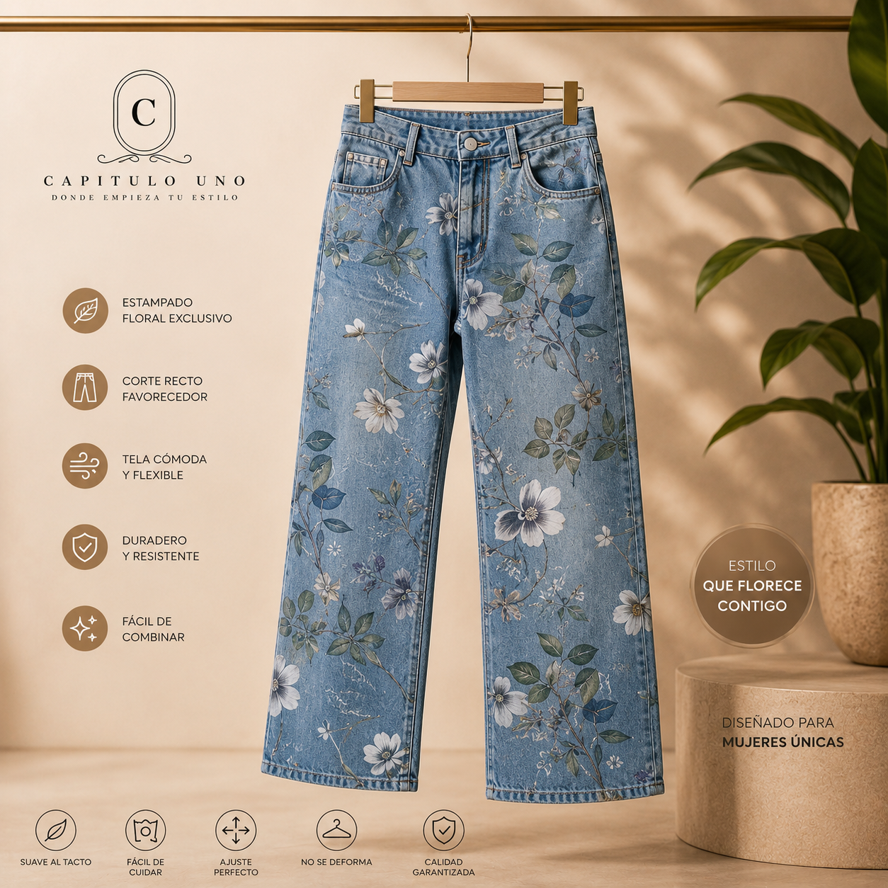 Flor - Pantalón vaquero ancho floral